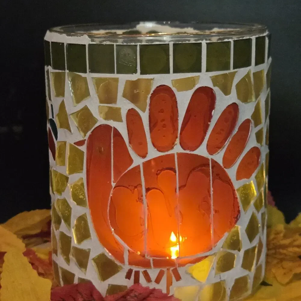 Mosaic Glass Turkey Tealight Candle Holder Orange Red Thanksgiving Centerpiece